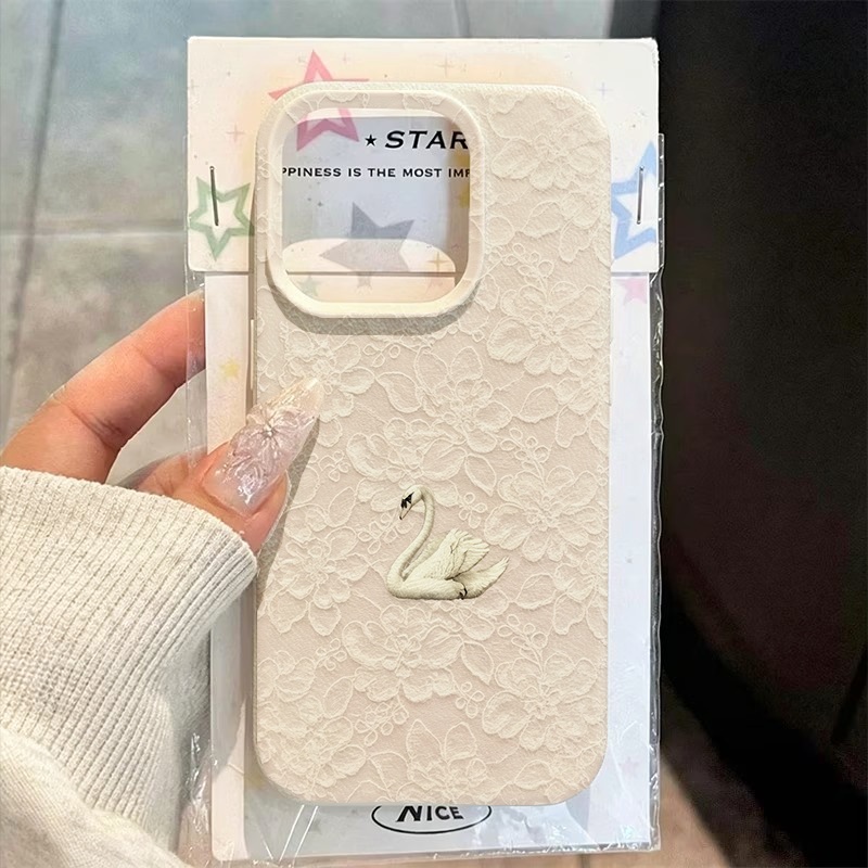 Phone Cases Iphone 17 Pro - Lace Swan Pattern Lychee Texture Phone